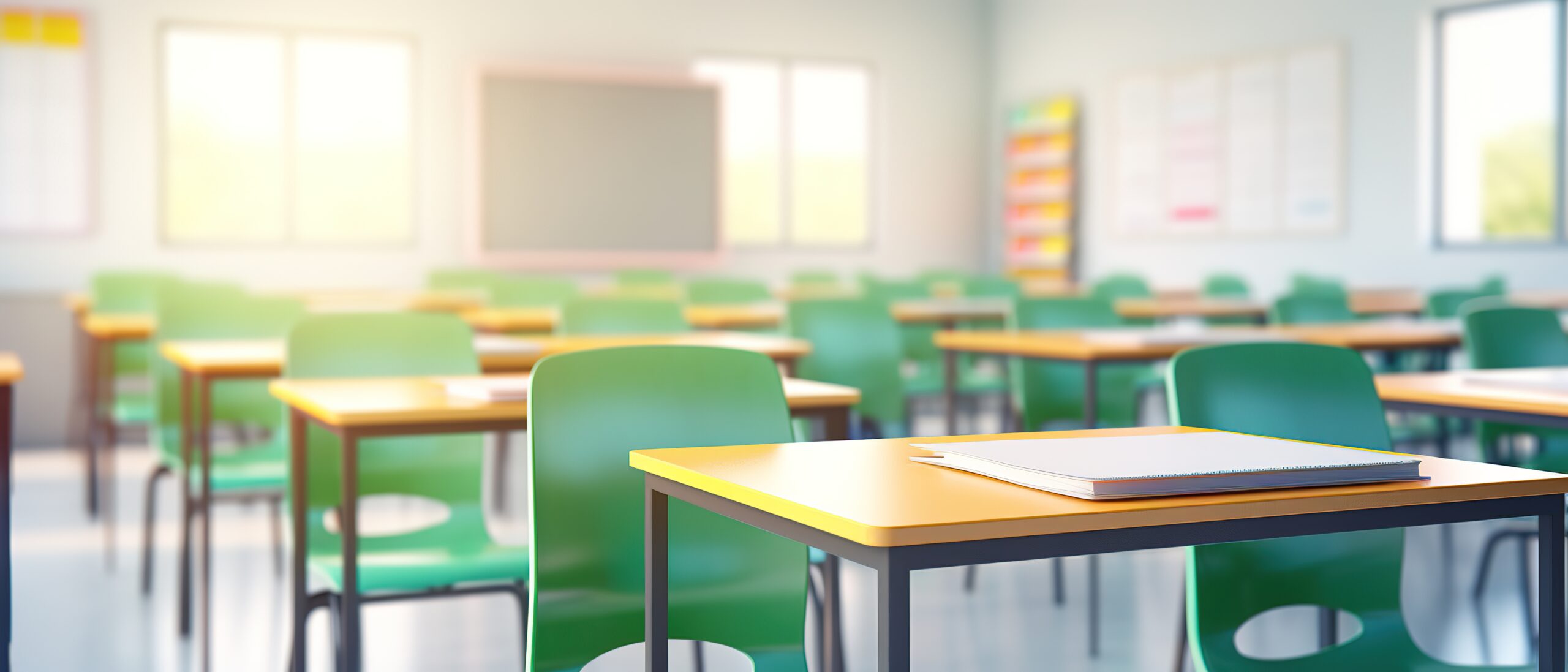 A bright classroom with empty green chairs and wooden desks. A notebook is placed on the desk in the foreground. The background shows a blackboard and windows, with soft natural light filling the room.